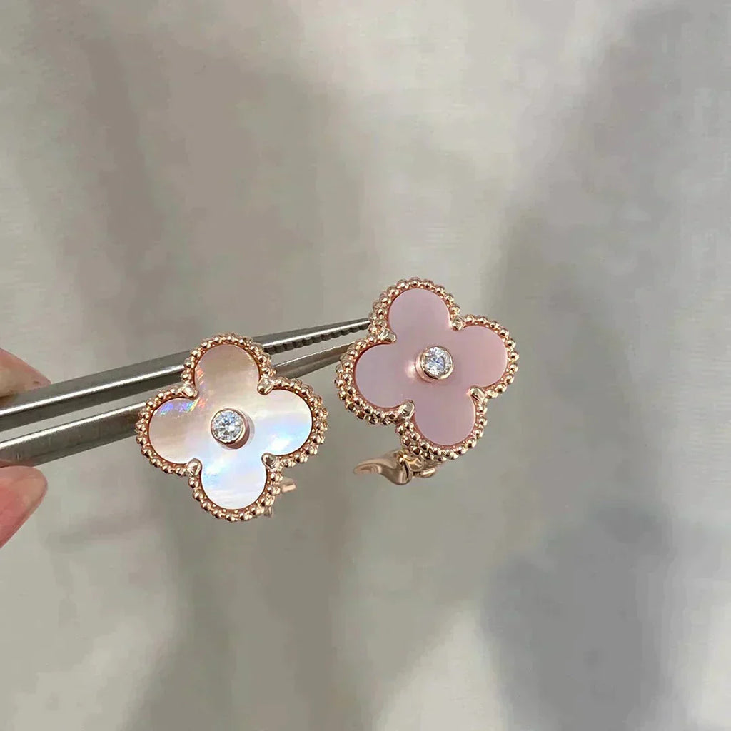 VCA CLOVER MEDIUM 1 MOTIFS PINK MOP DIAMOND EARRINGS