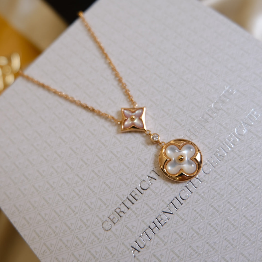 LOUIS VUITTON STAR AND SUN WHITE MOP 2 MOTIF PINK GOLD NECKLACE